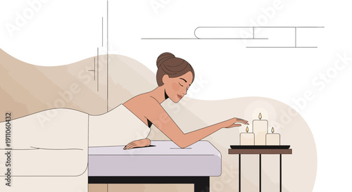 Serene Woman Reaches For Glowing Candles During Tranquil Spa Treatment
