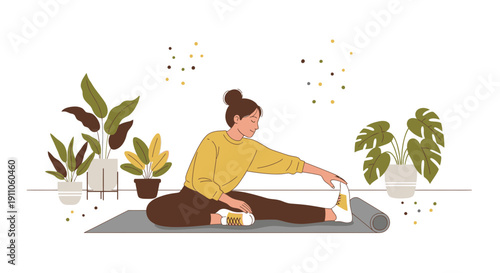 Serene Woman Stretching Indoors Amongst Lush Green Plants