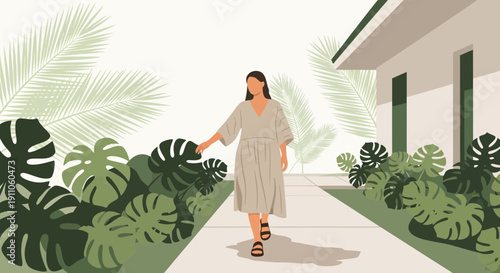 Serene Woman Walks Through Lush Tropical Garden Towards Modern Architecture