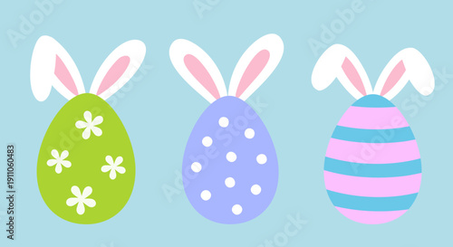 Bunny ears Easter egg cartoon vector collection.
Cute patterned Easter eggs with bunny ears illustration set.
Set of Easter egg with bunny ears flat vector icon. svg.