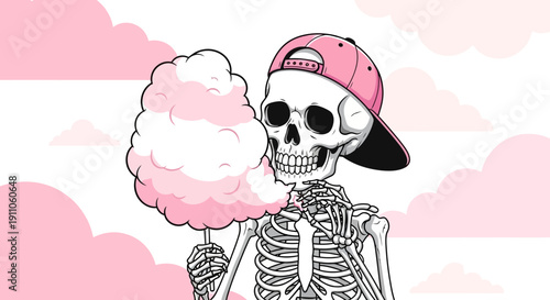 Skeleton Enjoying Pink Cotton Candy With Stylish Cap On