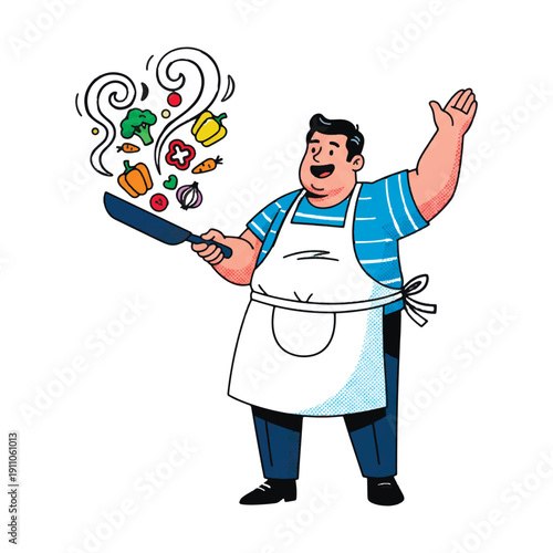 Cheerful male chef in an apron tossing fresh vegetables in a frying pan. Flat vector illustration with halftone texture for cooking classes, healthy eating, and restaurant concepts.