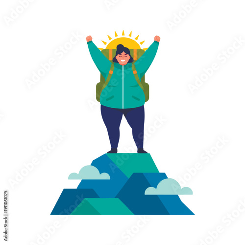 Happy woman hiker with a backpack standing on a mountain peak with hands up. Flat vector illustration for outdoor adventure, success, travel, and body positive lifestyle concepts.