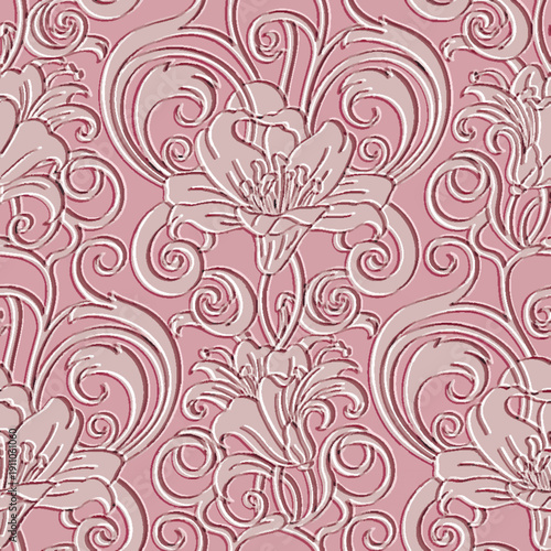 Luxury 3D embossed seamless pattern with elegant lilies and baroque filigree scrolls. Emboss dusty pink and cream damask texture for high-end wallpaper, textiles and classic decor. Vector.
