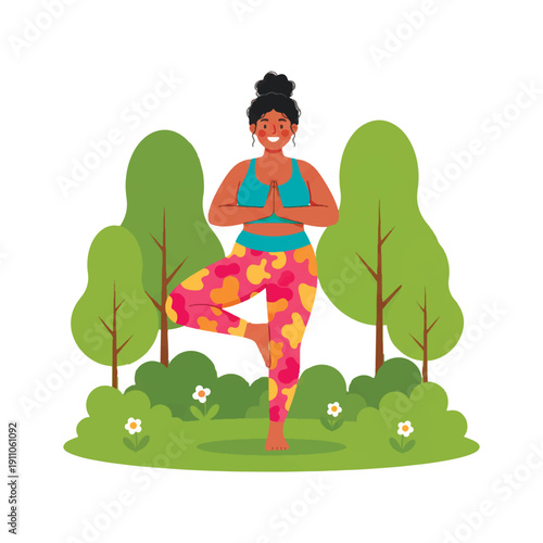 Happy young woman practicing yoga in tree pose in a green park. Flat vector illustration for wellness, body positivity, mindfulness and healthy outdoor lifestyle concepts.