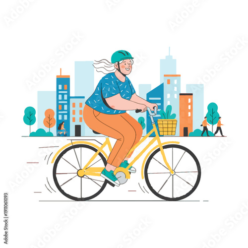 Active senior woman in a helmet riding a yellow bicycle through a sunny city park. Flat vector illustration of elderly healthy lifestyle, urban eco-friendly transport, and retirement.
