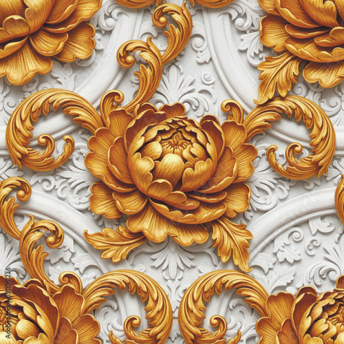 Luxury 3D seamless pattern with beautiful golden peonies and baroque scrolls. Elegant floral relief on white plaster background for high-end interior wallpaper, textiles and classic home decor.