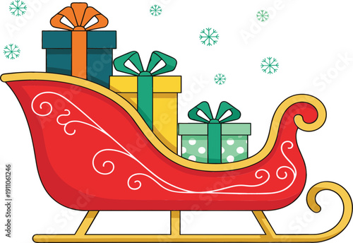 Christmas Santa Sleigh with Colorful Gift Boxes Winter Holiday Festive Flat Vector Illustration Isolated on White Background