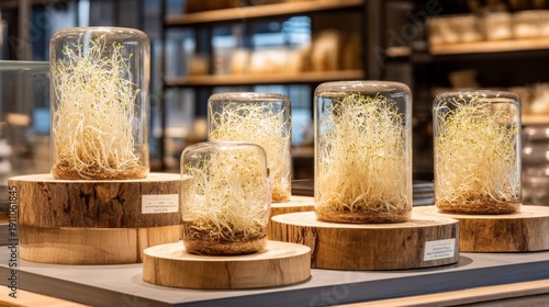 Stunning Display of Organic Sprouts in Glass Containers on Wooden Platforms Set in Modern Interior Atmosphere with Natural Light and Elegance