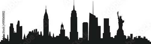 New York City skyline silhouette with Statue of Liberty isolated on white background, Manhattan landmark cityscape illustration, USA urban skyscrapers architecture travel concept.