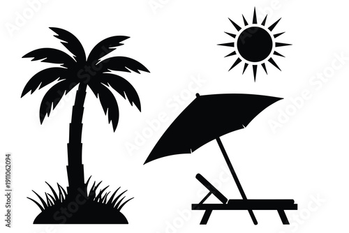 Black silhouette of palm tree sun and beach umbrella with lounge chair vector illustration