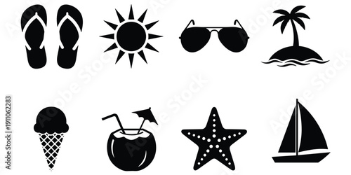 Black Silhouette Summer Vacation Icons Collection On White Background holiday beach
