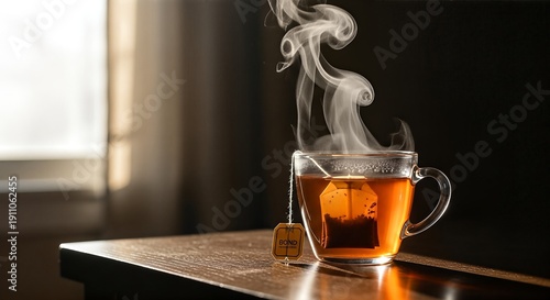 Steaming hot tea in a clear glass mug with a tea bag on a wooden table near a window