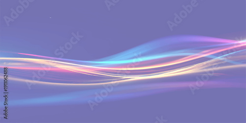 Abstract purple and blue background featuring pink waves and curved lines in a colorful motion design pattern of flowing light and energy