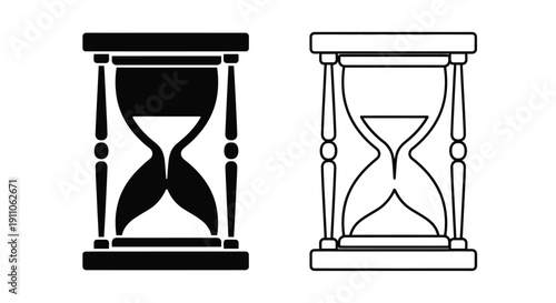 Two hourglasses one filled and one empty in contrasting styles silhouette