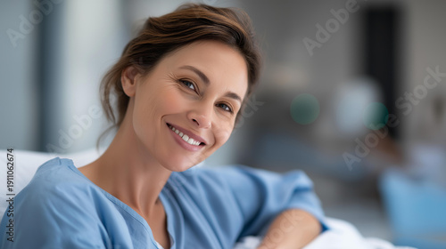 Smiling woman resting comfortably in hospital bed representing recovery and positive healthcare experience patient wellness medical care clinical recovery hospital stay Free Download Smiling woman resting comfortably in hospital bed representing recovery and positive healthcare experience patient wellness medical care clinical recovery hospital stay - GFXLoad
