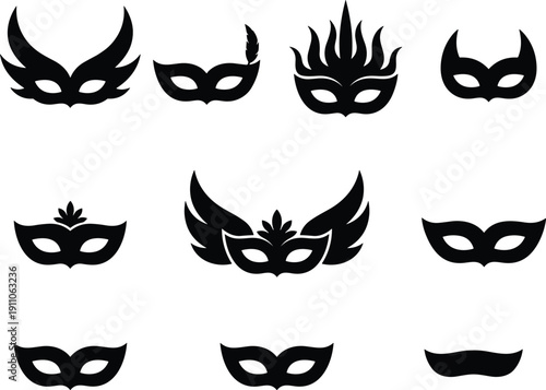 Collection of Black Masquerade Masks on White Background illustration