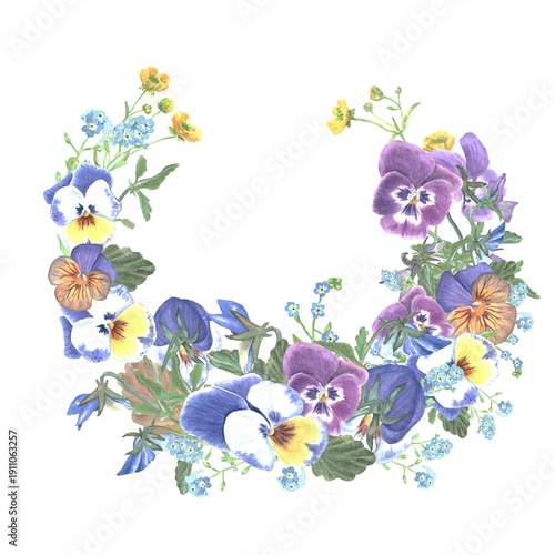 Beautiful wreath with blue, burgundy, orange pansies and wildflowers hand drawn with watercolor on isolated background, clip art spring botanical illustration with place for text for design