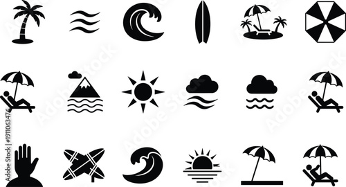 Collection of black vacation and beach themed icons on white background Keywords: palm tree, waves, ocean wave, surfboard, beach