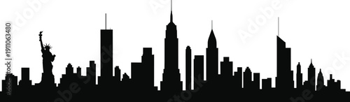 New York City skyline silhouette with Statue of Liberty isolated on white background, USA landmark cityscape illustration, Manhattan skyscrapers architecture travel and tourism concept.