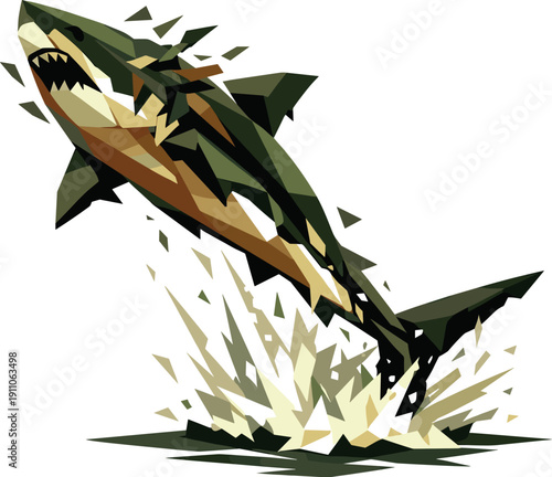 Low-poly vector illustration of a shark mid-breach under peak tension, extreme angular silhouette with body fully airborne and