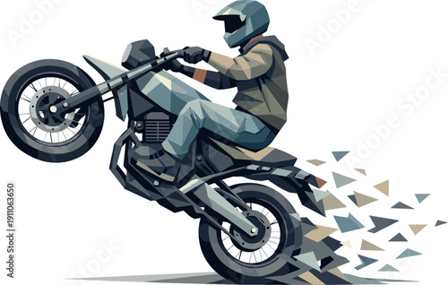 Low-poly vector illustration of a motorcycle sustaining the wheelie surge into controlled motion, rider poised and confident with
