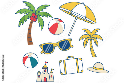 Collection of cartoon beach vacation icons with palm trees and sunglasses Keywords: beach, vacation, summer, holiday, travel