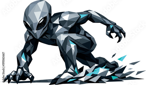 Low-poly vector illustration of an alien initiating a chase, crouched angular stance transitioning into a sprint, faceted muscles