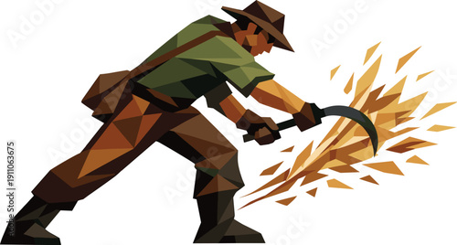 Low-poly vector illustration of a farmer in active harvest motion, single hardworking farmer with sharply faceted anatomy and
