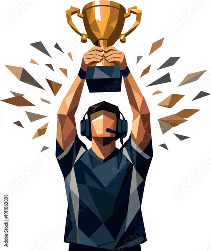Low-poly vector illustration of an esports champion lifting a trophy overhead, single competitive gamer with sharply faceted