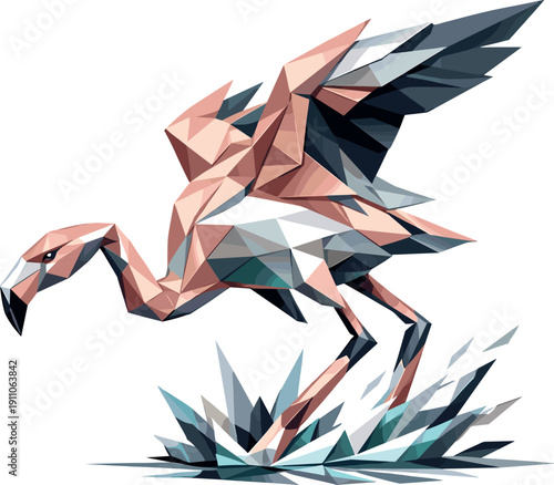 Low-poly vector illustration of a flamingo preparing for takeoff on water, upright angular posture with wings partially lifted