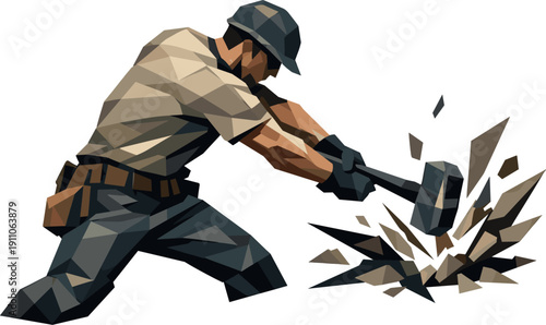 Low-poly vector illustration of a builder at peak strain mid-strike, body twisted with visible angular tension through shoulders