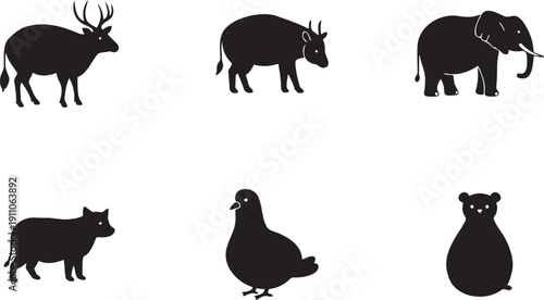 Collection of diverse animal silhouettes including a majestic deer powerful elephant wild boar and domestic pigeon