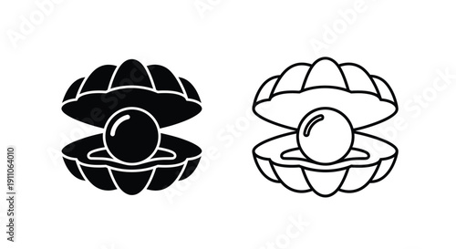 Two oyster shells with pearls one filled and one outline silhouette