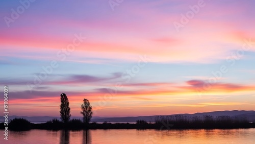 Peaceful sunset over calm lake water.
