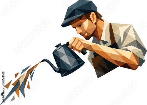 Low-poly vector illustration of a barista initiating the coffee pour, dynamic diagonal composition with the kettle tipping