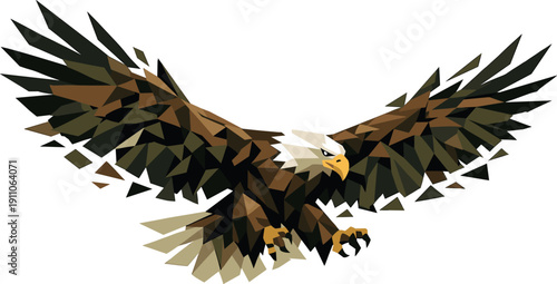 Low-poly vector illustration of an eagle mid-wing spread under maximum tension, extreme angular wings nearing full extension with