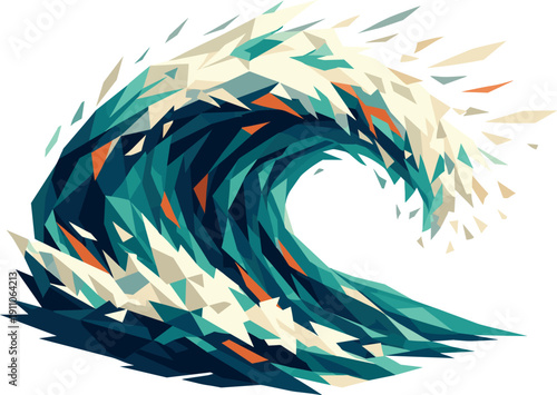 Low-poly vector illustration of an ocean wave crash escalating, wave rising higher and folding inward with aggressive angular