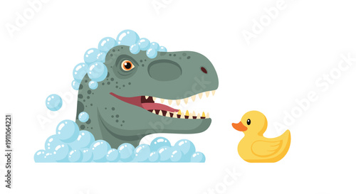 Green dinosaur head covered in blue bath bubbles smiles with open mouth, looking at a yellow rubber duck floating nearby in water.