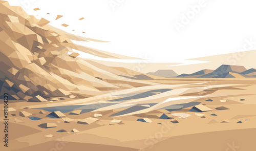 Low-poly vector illustration of a desert sandstorm blast future state, sandstorm dispersing into refined angular dust streams