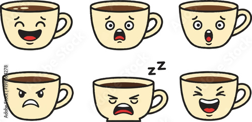 Coffee cups with facial expressions emoticons emotions