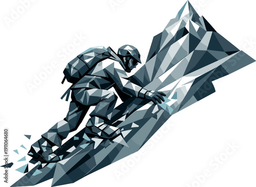 Low-poly vector illustration of a mountain summit reach in the setup phase, faceted climber positioned on a steep angular slope