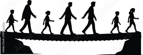 People silhouettes walking across bridge isolated on white background, men women and children crossing gap together, journey and connection concept, teamwork travel illustration.