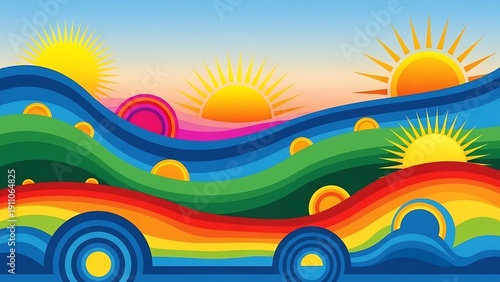 Vibrant rainbow landscape with sunny hills.