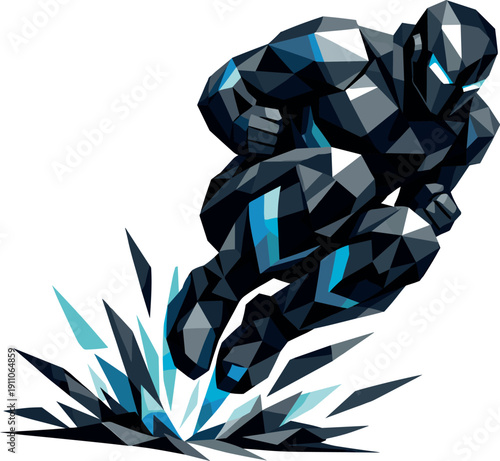 Low-poly vector illustration of a superhero descending just before landing, body angled downward with arms drawn in and legs