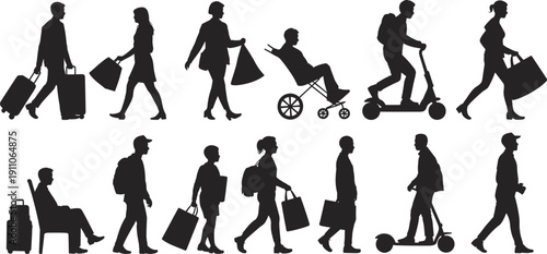 People travel silhouettes set isolated on white background, tourists with luggage, shopping bags, stroller and scooter, urban lifestyle transportation and vacation concept illustration.