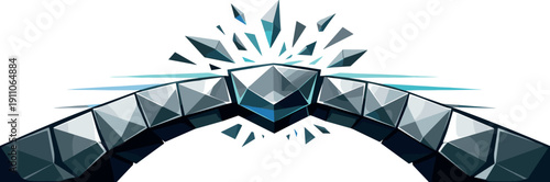 Bridge Completion Moment. Low-poly vector illustration of bridge building blocks breakthrough moment, final keystone block