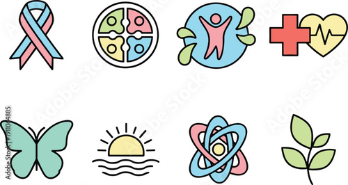 Collection of eight colorful flat design icons representing health and nature Keywords: ribbon, awareness ribbon, health