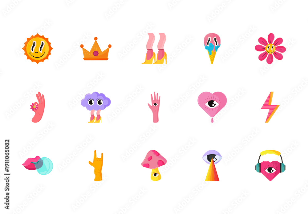 Cute Funky Cartoon Icons Set Stock Template | Adobe Stock