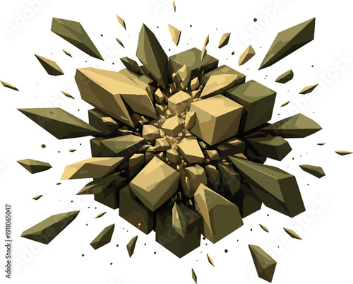Low-poly vector illustration of peak tension during a data cube shatter, cube mid-break with multiple angular faces colliding and
